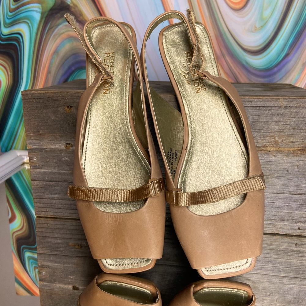 Modern light tan open toe leather slingback flats